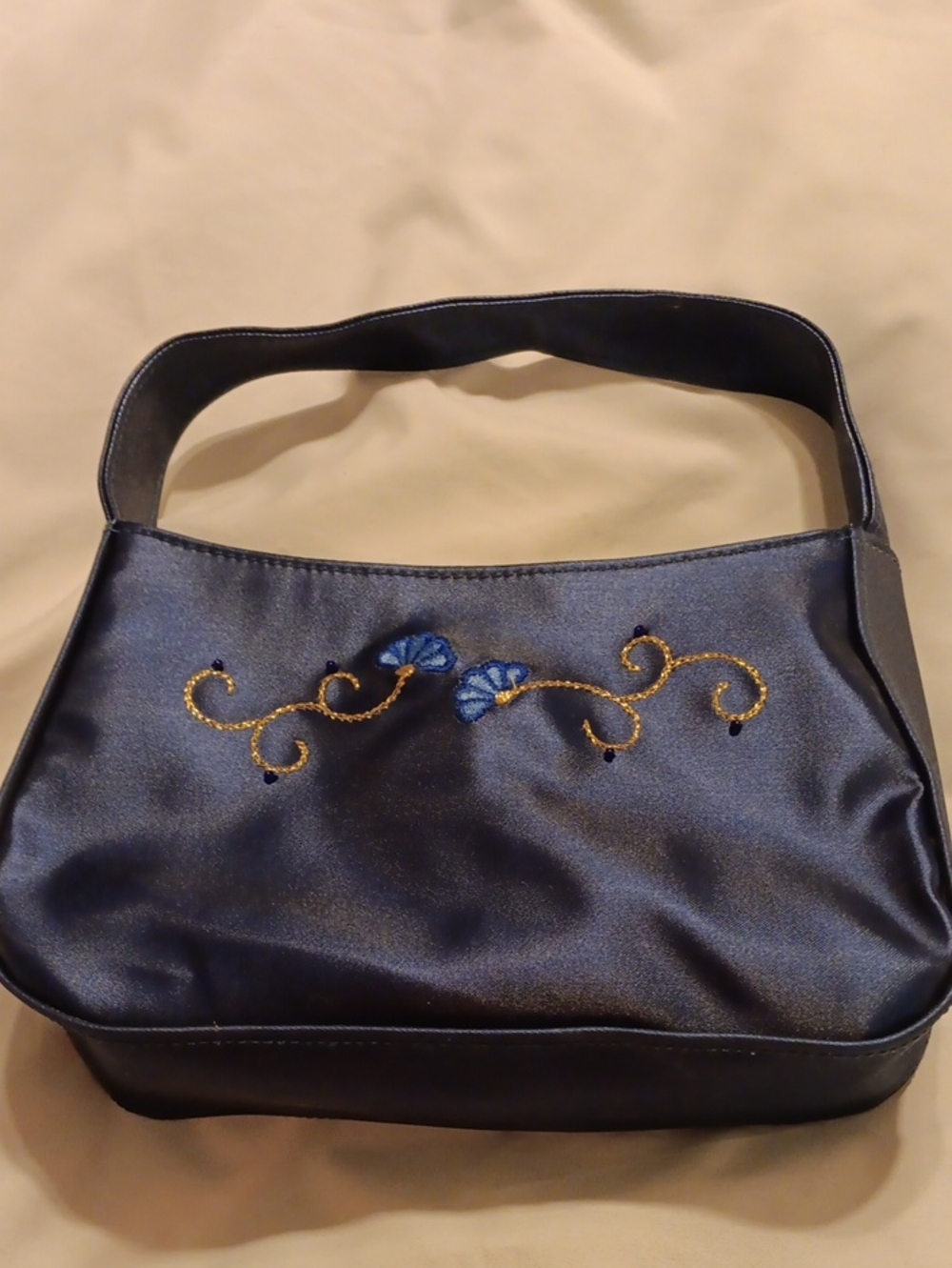Avon Navy Satin Shoulder Bag with Blue and Gold Embroidery 6 Pc